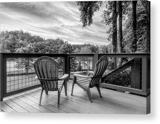 Black Acrylic Print featuring the photograph Two Chairs on the Cabin Porch Black and White by Debra and Dave Vanderlaan