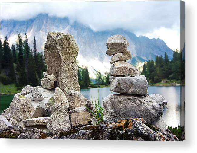 Two Acrylic Print featuring the photograph Two stone towers as route markers. by Bernhard Schaffer