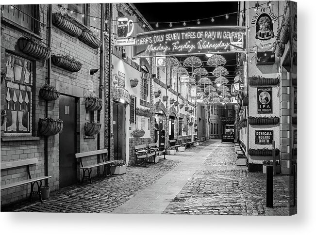 Belfast Acrylic Print featuring the photograph Umbrella Street in Belfast - Black and White by Barry O Carroll