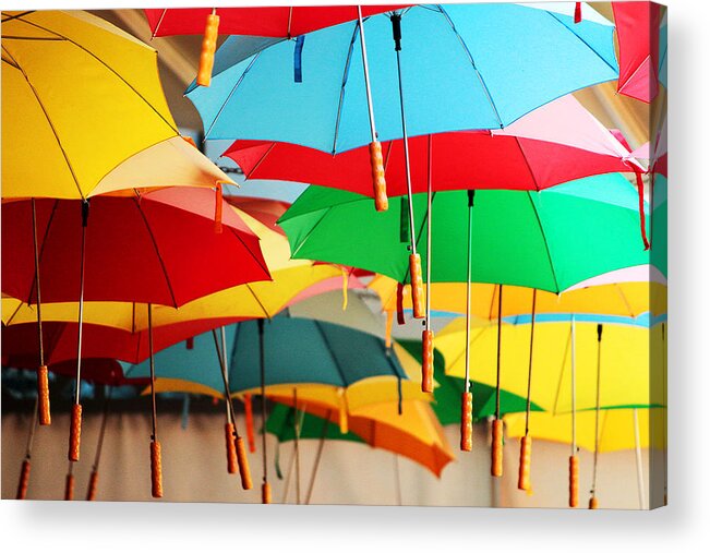 Hanging Acrylic Print featuring the photograph Umbrellas suspended from ceiling by Gregoria Gregoriou Crowe fine art and creative photography.