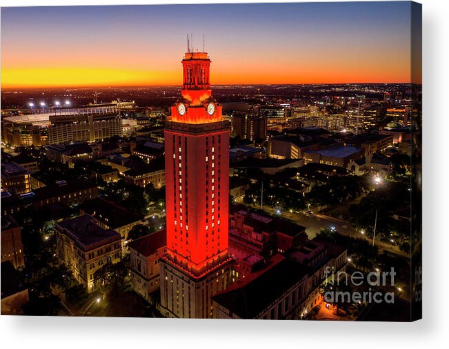 Texas Texas Acrylic Print featuring the photograph University of Texas Tower lit with Number 1 bright Orange Tower by Dan Herron