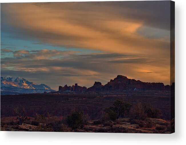 Sunset Acrylic Print featuring the photograph Utah Wave Cloud Sunset - Arches National Park by Stephen Vecchiotti