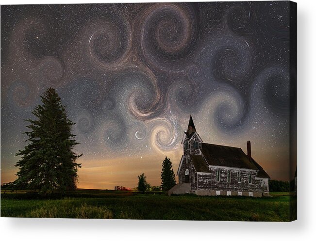 Van Gogh Acrylic Print featuring the photograph Van Gogh Starry Night at the Big Coulee Church in rural ND by Peter Herman