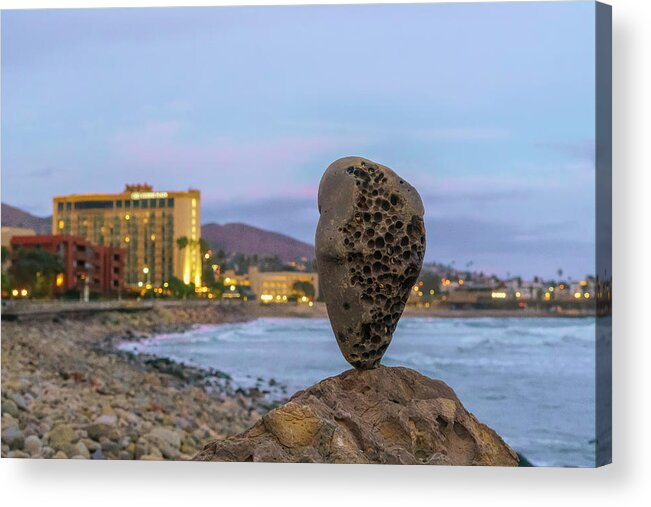 Rock Sculpture Acrylic Print featuring the photograph Ventura Beach Balance Rock by Lindsay Thomson