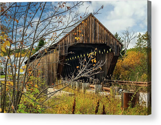 Bridge Acrylic Print featuring the photograph Vermont Autumn at Willard Twin Covered Bridges by Ron Long Ltd Photography