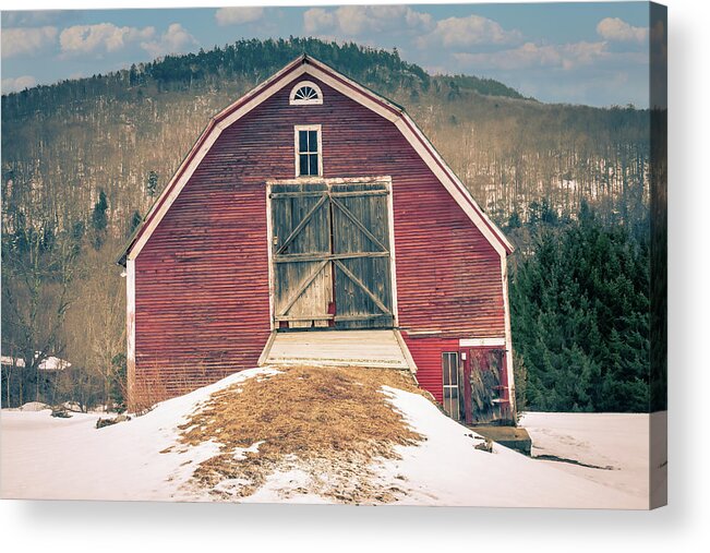 Vermont Winter Acrylic Print featuring the photograph Vermont Red Barn in Winter by Jeff Folger