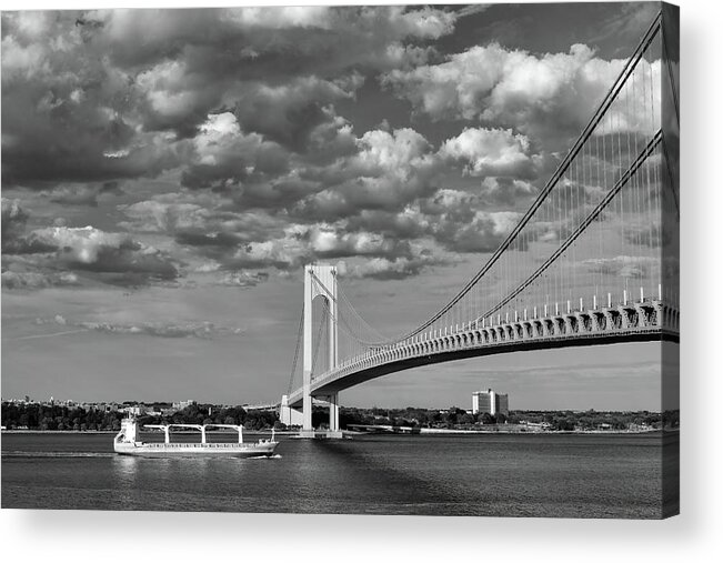 Arch Acrylic Print featuring the photograph Verrazzano Bridge and Cargo Ship Bw by Jerry Fornarotto