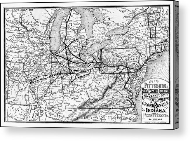 Railroad Acrylic Print featuring the photograph Vintage Railroad Map 1874 Pittsburgh and Beyond Black and White by Carol Japp