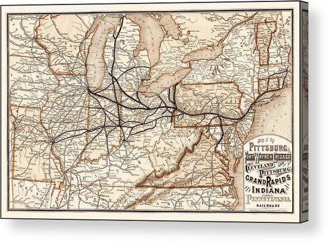 Railroad Acrylic Print featuring the photograph Vintage Railroad Map 1874 Pittsburgh and Beyond Sepia by Carol Japp