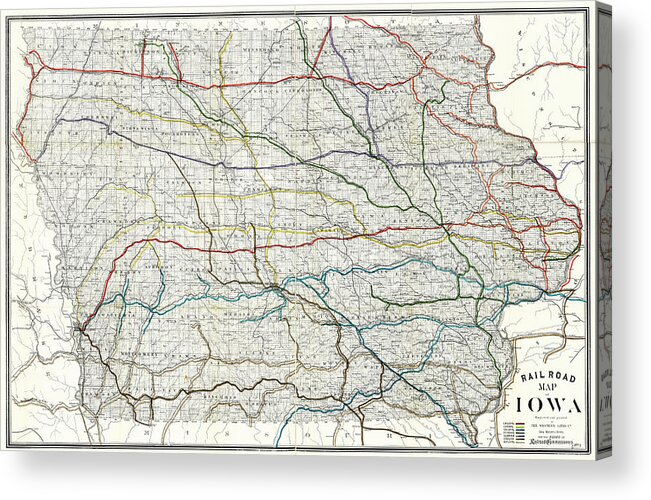 Iowa Acrylic Print featuring the photograph Vintage Railroad Map of Iowa 1881 by Carol Japp