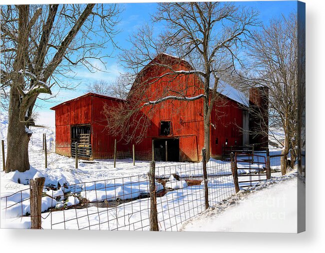 Barn Acrylic Print featuring the photograph Vintage Red Barn in Snow by Shelia Hunt