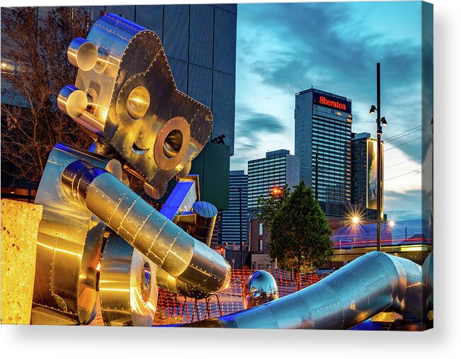 Dallas Skyline Acrylic Print featuring the photograph Waiting on a Train Traveling Man - Dallas Skyline at Dusk by Gregory Ballos