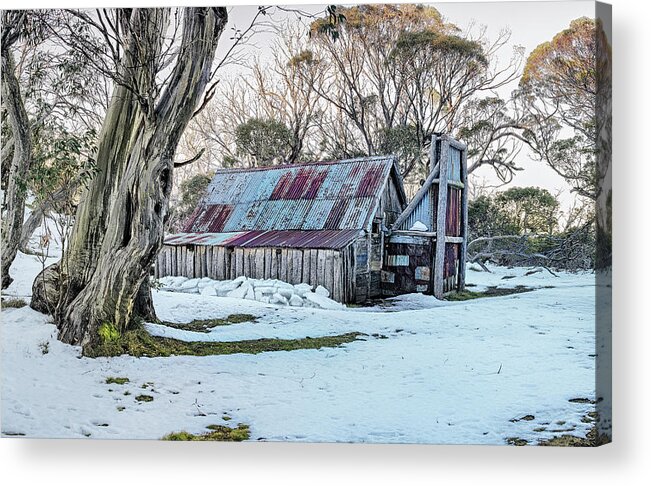 Wallaces Hut Winter High Plains Mountain Hut Acrylic Print featuring the photograph Wallaces Hut - Winter by Mark Lucey