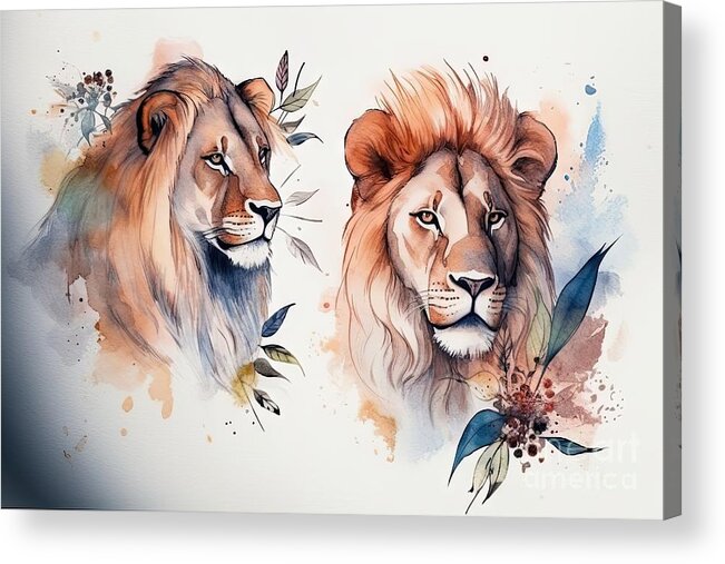 Watercolor Acrylic Print featuring the painting Watercolor lions on light background for posters, postcards, and covers. by N Akkash