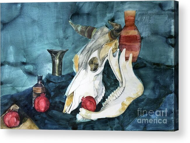 Watercolor Acrylic Print featuring the painting Watercolor of a Still life with pomegranates and a horse skull by Greta Corens