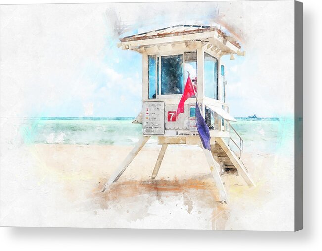 Lifeguard Tower Acrylic Print featuring the digital art Watercolor paint effect of lifeguard tower in Fort Lauderdale by Maria Kray