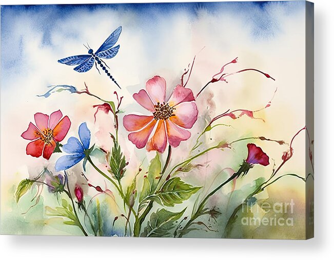 Painting Acrylic Print featuring the painting Watercolor With Flowers And Dragonfly by N Akkash