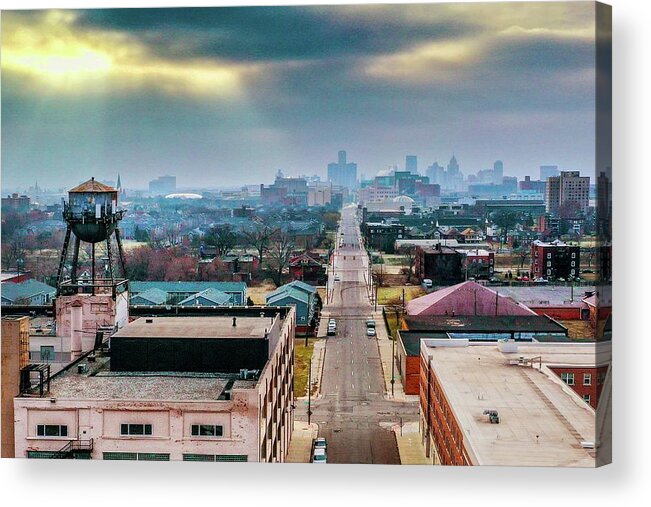 Detroit Acrylic Print featuring the photograph Watertower Skyline V2 DJI_0690 by Michael Thomas