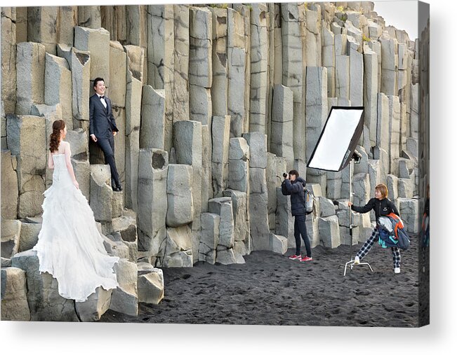 Wedding Acrylic Print featuring the photograph Wedding Photographer working on basalt columns in Reynisfjara beach by RicardMN Photography