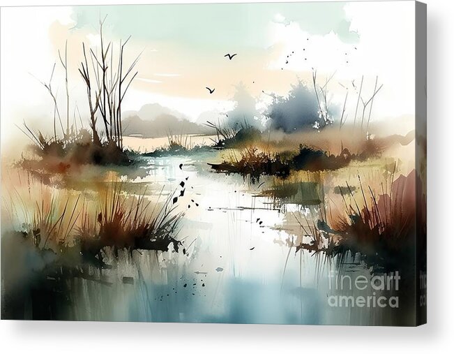 Wetland Acrylic Print featuring the painting Wetlands, watercolour style by N Akkash