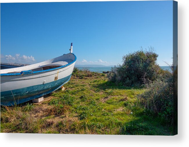 Grass Acrylic Print featuring the photograph White boat standing on land by Finn Bjurvoll Hansen