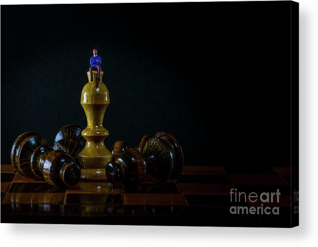 Decision Acrylic Print featuring the photograph White chess King standing and fallen black chess pieces. Winner of business competition planning concept and marketing strategy. Macro by Pablo Avanzini
