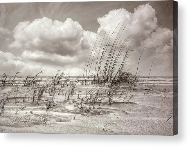 Clouds Acrylic Print featuring the photograph White Clouds over White Sands in Sepia by Debra and Dave Vanderlaan
