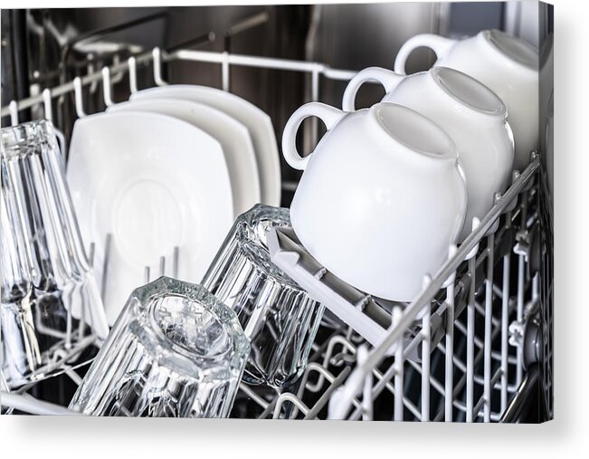 Washing Machine Acrylic Print featuring the photograph White cups in new dishwasher by Alex_ugalek
