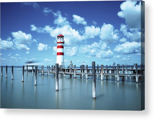 Destinations Acrylic Print featuring the photograph White-red lighthouse in Podersdorf am See by Vaclav Sonnek
