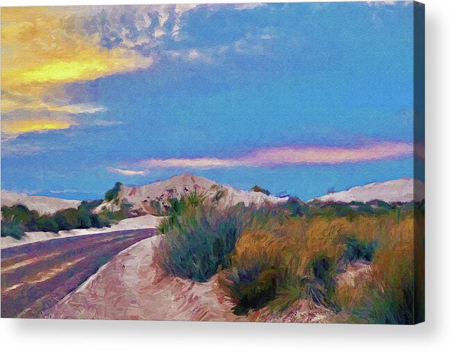 White Sands Acrylic Print featuring the mixed media White Sands New Mexico at Dusk Painting by Tatiana Travelways