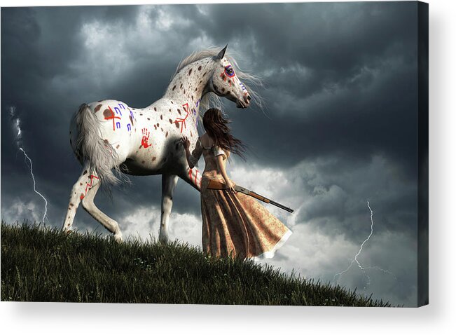 Wild West Acrylic Print featuring the digital art Wild West Woman and War Horse Watching a Storm by Daniel Eskridge