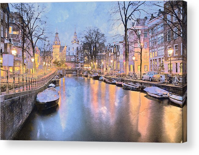 Amsterdam Acrylic Print featuring the mixed media Winter Amsterdam by Alex Mir