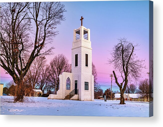 Historic Tower Acrylic Print featuring the photograph Winter Grace - The Tontitown Bell Tower In A Purple And Blue Dawn by Gregory Ballos