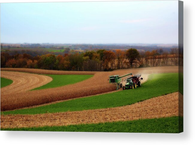 Wisconsin Farm Farming Corn John Deere Combine Tractor Contour Agriculture Harvest Landscape Scenic Acrylic Print featuring the photograph WisContours - Corn harvest on the driftless prairie of SW Wisconsin by Peter Herman