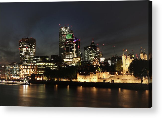 London Acrylic Print featuring the photograph Night London - street of skyscrapers by Vaclav Sonnek