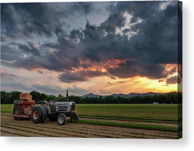 #tractor#farm#stow#western#maine#summer#sunset#fields Acrylic Print featuring the photograph Work Day is Done by Darylann Leonard Photography