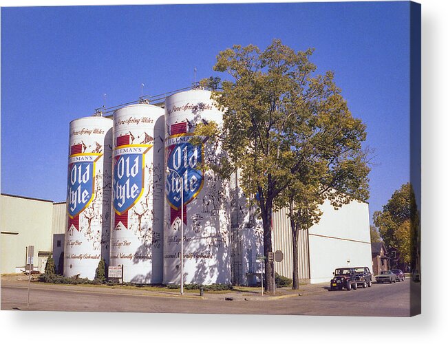 Label Acrylic Print featuring the photograph World's Largest Six Pack with Old Style beer label, La Crosse, Wisconsin 1979 by NNehring