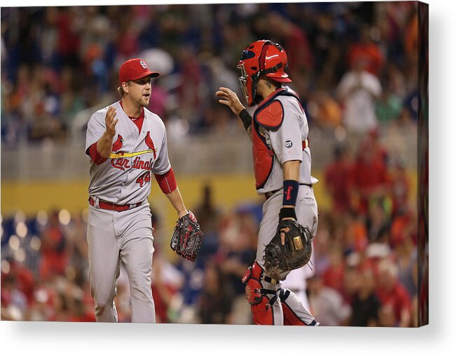 St. Louis Cardinals Acrylic Print featuring the photograph Yadier Molina and Trevor Rosenthal by Rob Foldy