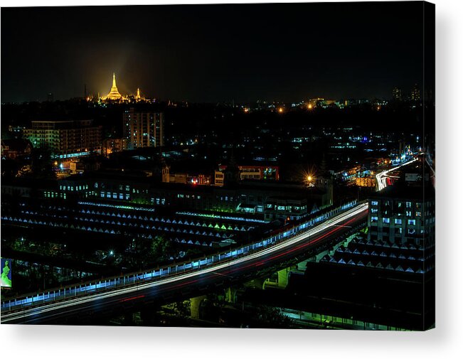 Shwedagon Acrylic Print featuring the photograph Yangon Cityscape at Night by Arj Munoz