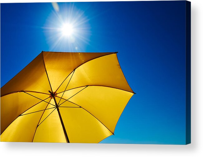 Shadow Acrylic Print featuring the photograph Yellow Umbrella With Bright Sun And Blue Sky by Grafxart8888