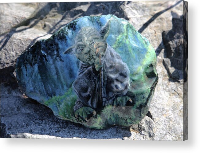 Art Acrylic Print featuring the painting Yoda on a Rock by Tammy Pool