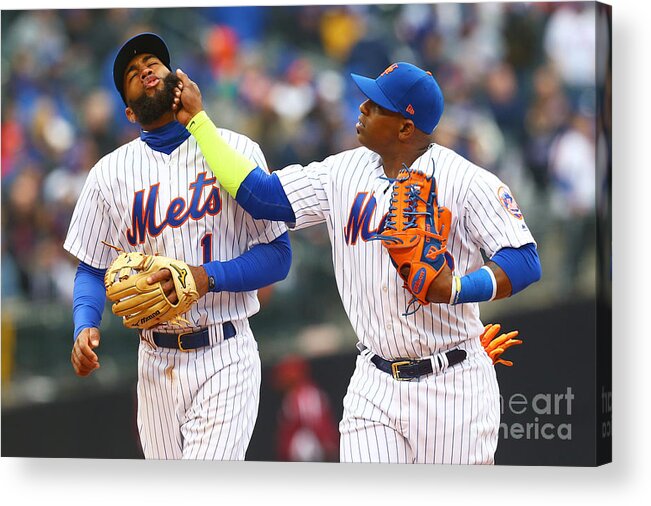 Yoenis Cespedes Acrylic Print featuring the photograph Yoenis Cespedes and Amed Rosario by Mike Stobe