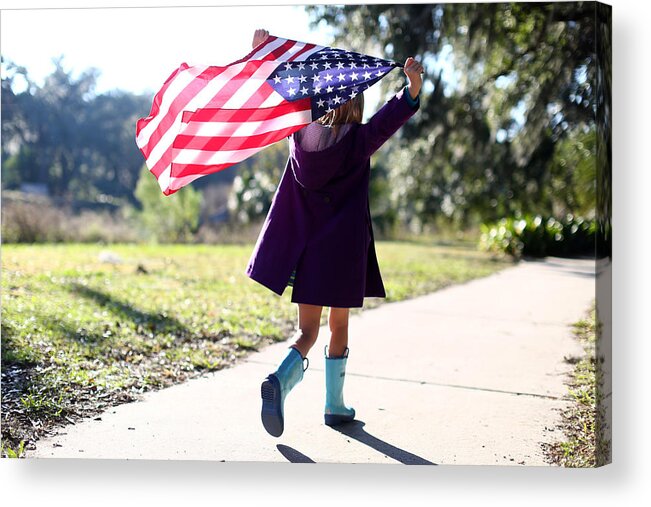 Purple Acrylic Print featuring the photograph Young Girl With American Flag by Marianna Massey