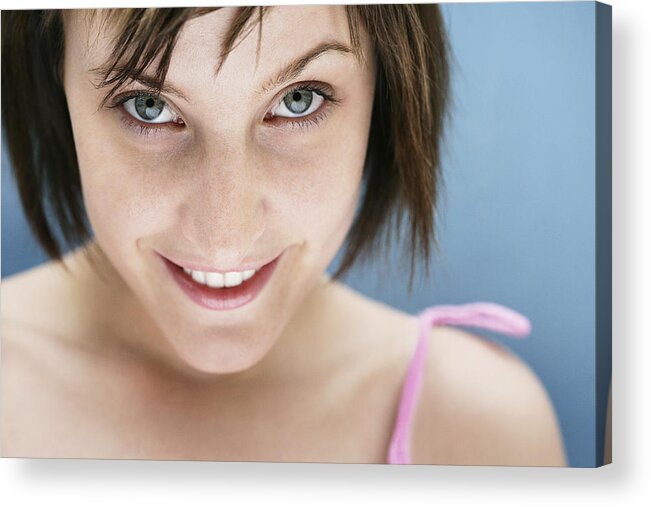 White People Acrylic Print featuring the photograph Young woman smiling, close-up, portrait by Dimitri Otis