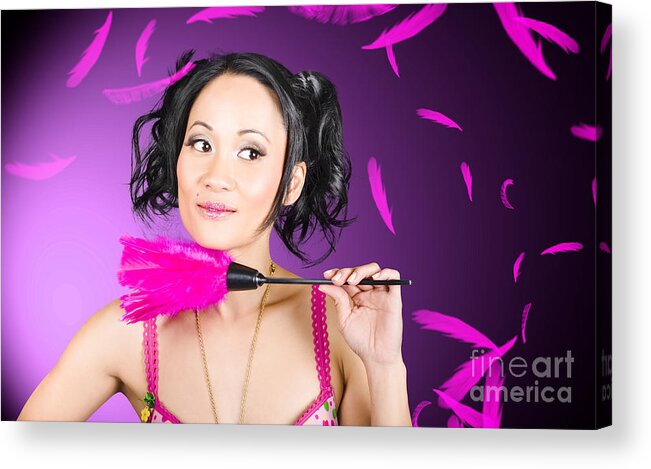 Maid Acrylic Print featuring the photograph Cleaning lady maid dusting with feather duster #1 by Jorgo Photography