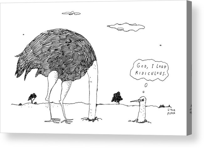 Captionless Ostrich Acrylic Print featuring the drawing An Ostrich, With Its Head In The Ground, Peaks by Liana Finck
