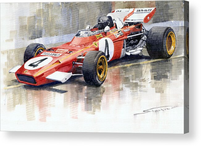 Watercolor Acrylic Print featuring the painting 1971 Ferrari 312 B2 1971 Monaco GP F1 Jacky Ickx by Yuriy Shevchuk