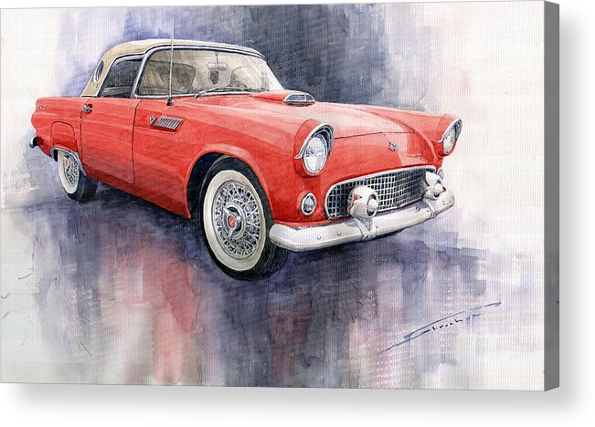 Watercolor Acrylic Print featuring the painting Ford Thunderbird 1955 Red by Yuriy Shevchuk