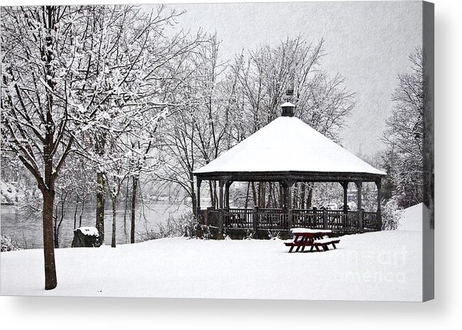 Maine Acrylic Print featuring the photograph Gazebo in the Snow by Karin Pinkham