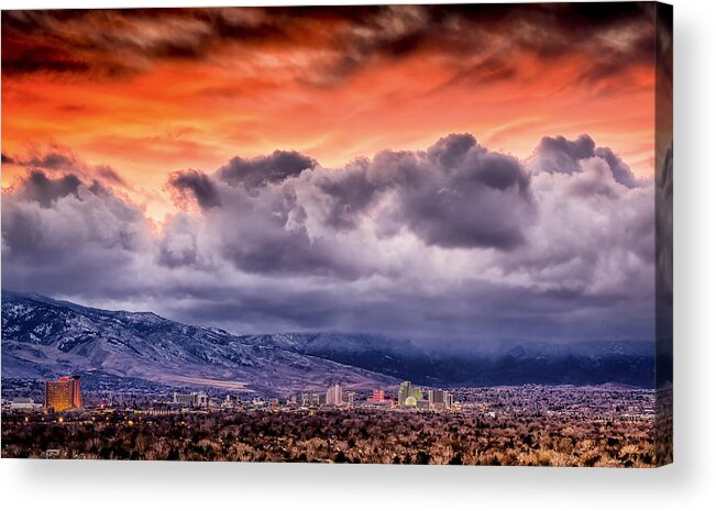 reno Downtown Acrylic Print featuring the photograph January Sunset over Reno by Janis Knight